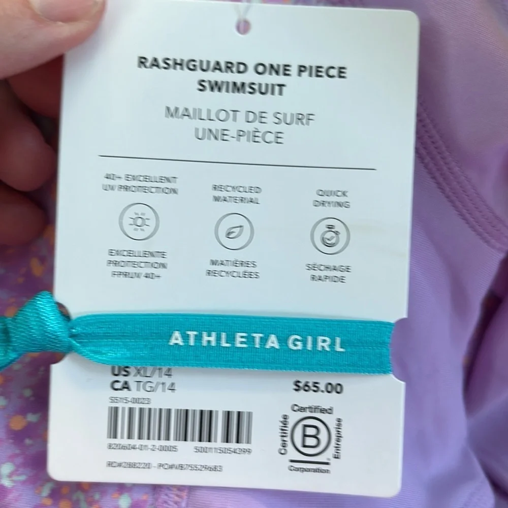 NWT Athleta Girl Rashguard One Piece Sun Spray Lilac Swimsuit Size XL/14